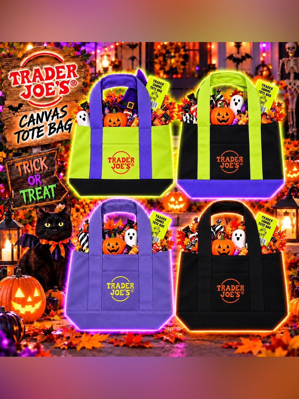 🎃 Trader Joe’s Mini Canvas Tote Bags 4-Piece Set NWT Colorful Limited Edition 👻🍁